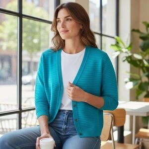 St. John Aqua Ribbed Cardigan, Size XL